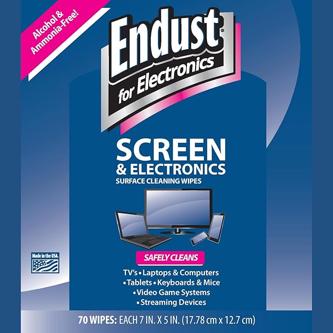 Endust For Electronics Screen & Surface Cleaning Wipes, For Tablet, E-Reader, Computer Monitor, Laptop, Phone, or TV; Pre-Moistened, Alcohol & Ammonia Free, 70 Wipes and A Microfiber Towel