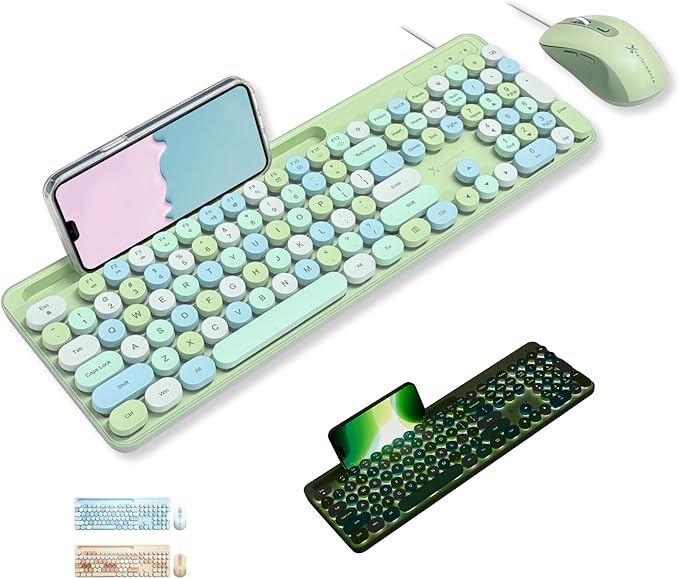 X9 Wired Keyboard and Mouse Combo with Backlight - Retro Typewriter Round Keycaps, Phone/Tablet Dock, 109 Fullsize Keys, Cute Colorful Green Keyboard, Pastel Keyboard for Laptop, PC and Chromebook