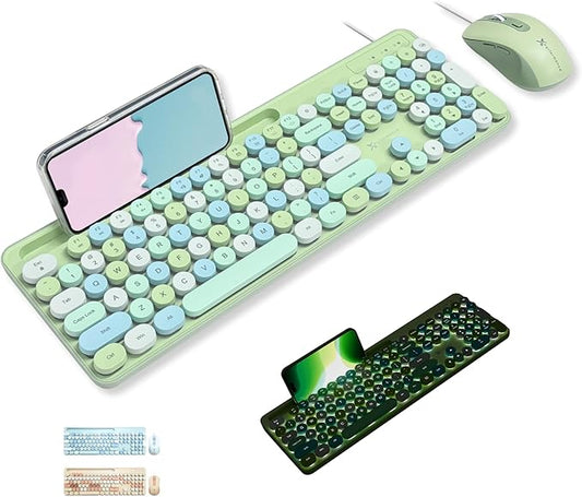 X9 Wired Keyboard and Mouse Combo with Backlight - Retro Typewriter Round Keycaps, Phone/Tablet Dock, 109 Fullsize Keys, Cute Colorful Green Keyboard, Pastel Keyboard for Laptop, PC and Chromebook