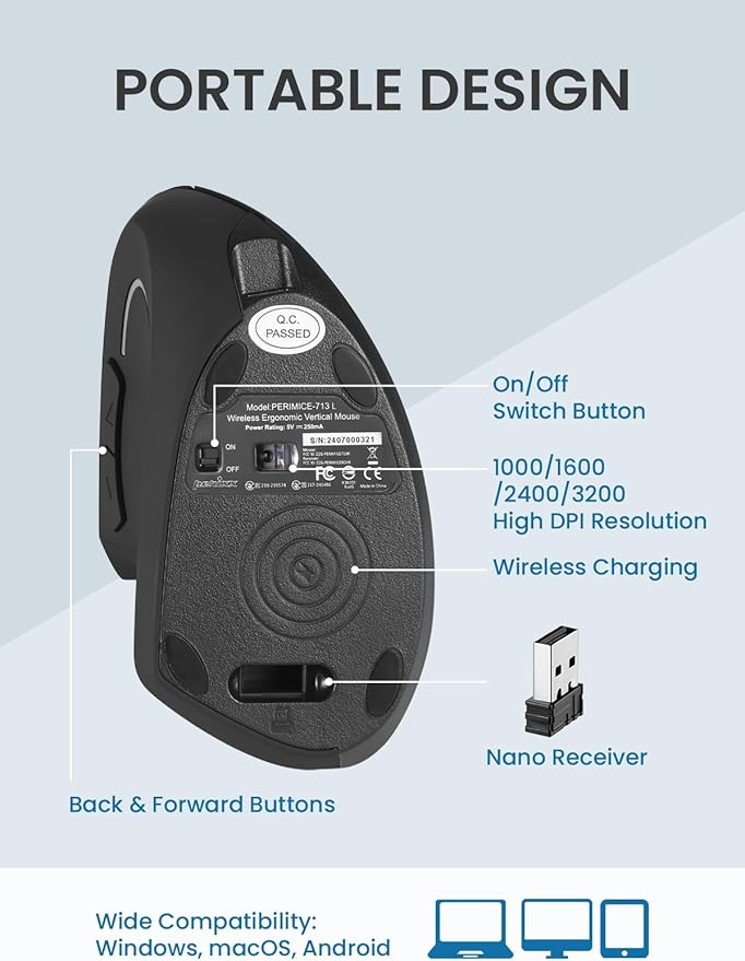 Perixx PERIMICE-713LR - Left Handed Cordless Rechargeable Vertical Mouse - Duo Wired and Wireless Charging Feature - 6 Buttons Design - Left Handed