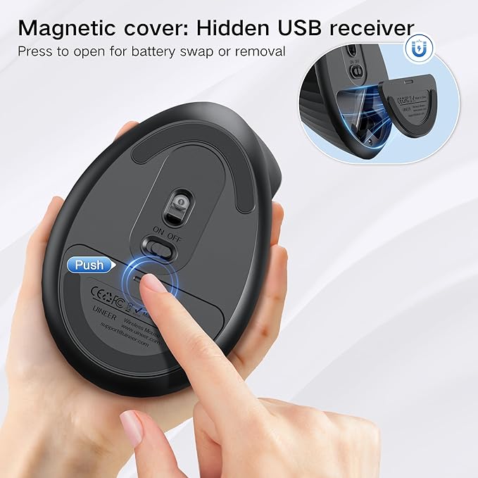 Uineer Vertical Mouse, 2.4GHz Ergonomic Wireless Mouse, 800/1200/1600/2400 Adjustable Dpi, 6 Buttons Battery Powered Mouse for Laptop, PC, Mac, Comfort and Reduced Wrist Strain (Black)