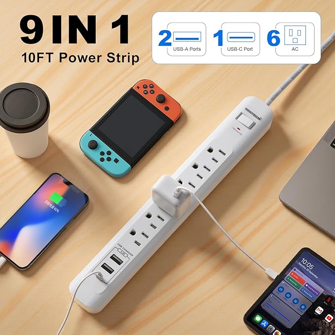2 Pack Power Strip Surge Protector - 6 Outlets 3 USB Charging Ports (1 USB C), 10Ft Extension Cord, Flat Plug, Overload Protection, Wall Mount for Office Home, Dorm Room White