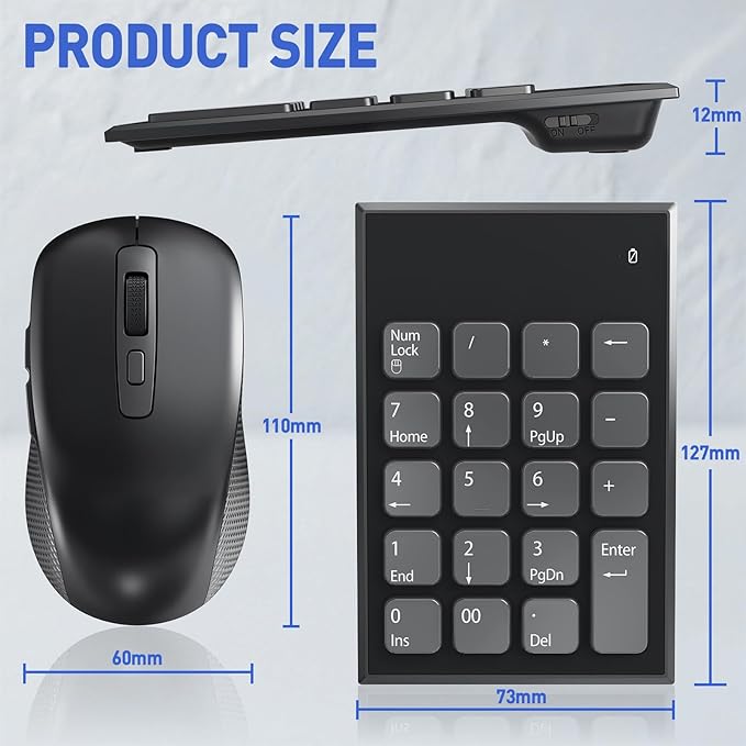 Wireless Number Pad and Mouse Combo, 19 Key USB Keypad and 3 Adjustable DPI Silent Mouse, 2.4GHz Ultra Slim Keypad for Laptop, PC, Desktop, Notebook – One USB Receiver, Portable and Lightweight
