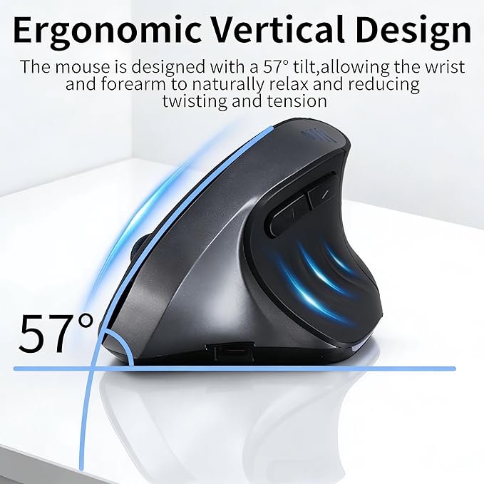 Bluetooth Wireless Dual-Mode Vertical Mouse - Silent Click, Ergonomic Comfort for Office & Home Use, Rechargeable with LED Breathing Light, Compatible with Multiple Devices (Black)