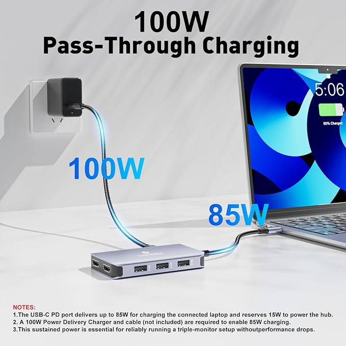 USB C to Dual HDMI Adapter, 6 in 1 Docking Station Dual Monitor, 3*USB-A Data Ports, 100W PD, HDMI Splitter Extended Display Laptop USB C Hub for MacBook, HP, Dell and More
