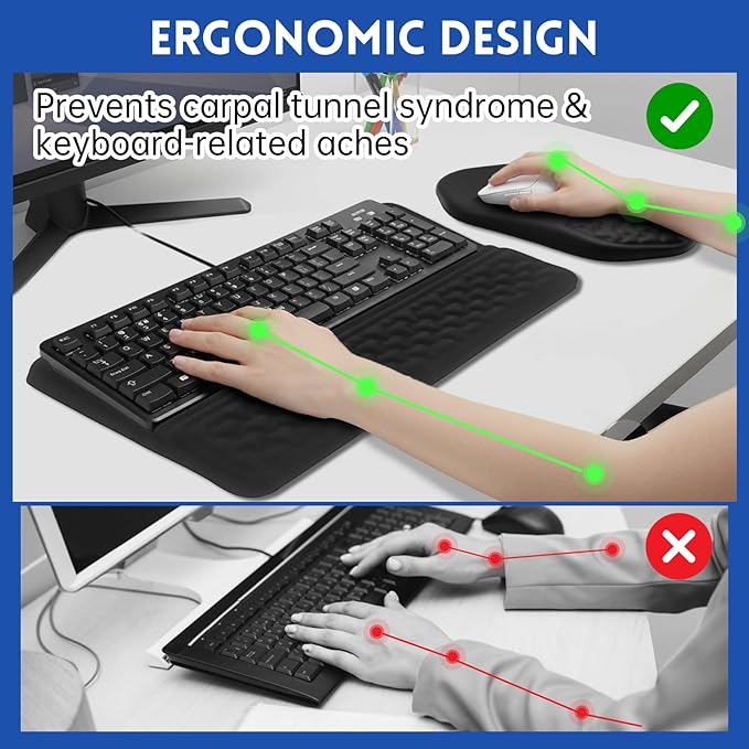 3-in-1 Ergonomic Keyboard Stand Wrist Rest Mouse Pad Set, Tilted Keyboard Riser Holder Support with Non-Slip PU Base, Wrist Rest for Keyboards and Soft Mouse, Pain Relief, Comfort for Office Home