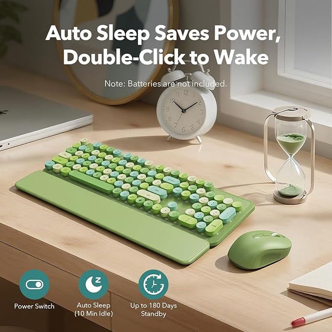 Wireless Keyboard and Mouse Combo with Detachable Magnetic Wrist Rest, Retro Typewriter-Style Keyboard, Round Keycaps, 3-Level DPI Ergonomic Mouse, 2.4GHz for Windows PC/Laptop (Sage Green Mix)