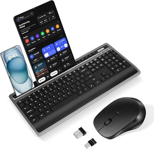 Wireless Keyboard and Mouse Combo, Full Size Ergonomic Keyboard with Wrist Rest and Phone Holder 2.4G USB & Type-C Quiet Keyboard Silent Mouse for Computer Laptop Windows Mac iOS