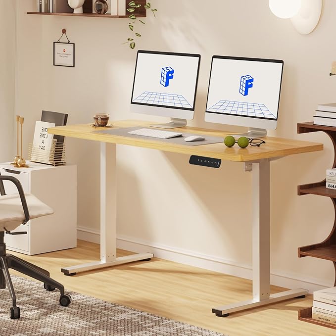 FLEXISPOT Standing Desk, 48" x 24" One-Piece Desktop, Height Adjustable Computer Desk for Home Office, White Frame & Maple Top (One Package)
