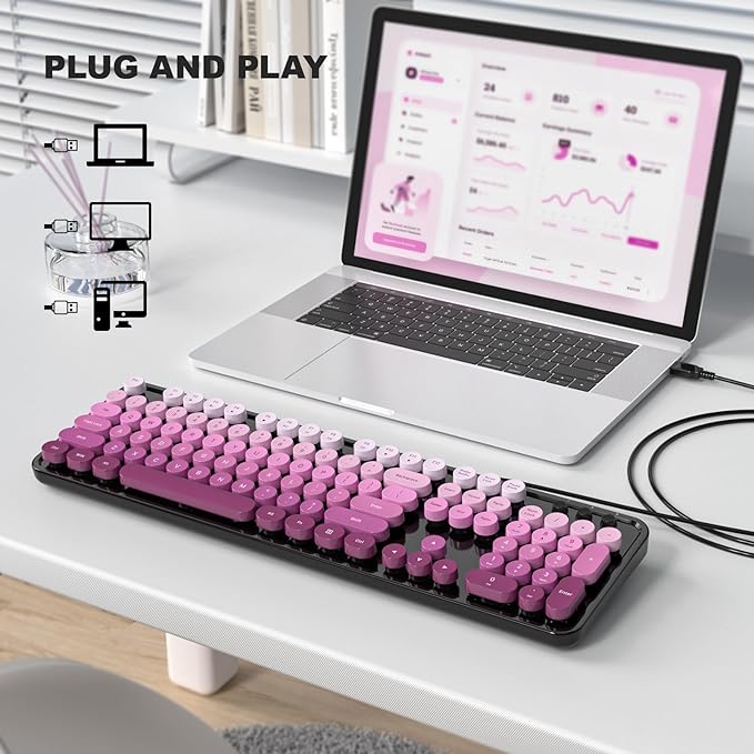 Computer Keyboard Wired, Plug and Play USB Retro Round Typewriter Keyboard, Full Size Wired Keyboard with Foldable Stands for Laptop and Office PC- Black Pink Gradient