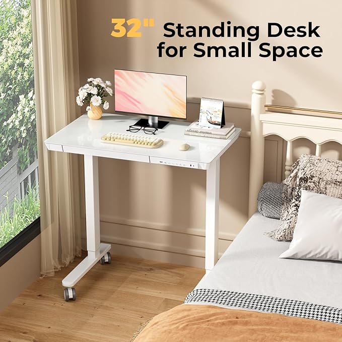Glass Small Standing Desk with Drawer, 31.5" x 20" Whole Piece Electric Sit Stand Table, Height Adjustable Desk with Storage & USB Ports, Quick Install Home Office Computer Desk, White