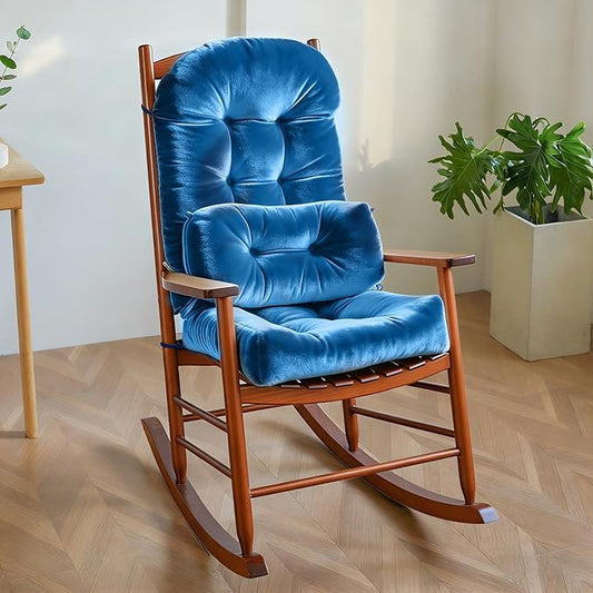 Rocking Chair Cushion Indoor Large Chair Pads Set with Ties Extra Lumbar Pillow Premium Dutch Velvet High Resilience Filler Non-Slip Bottom, Dark Blue