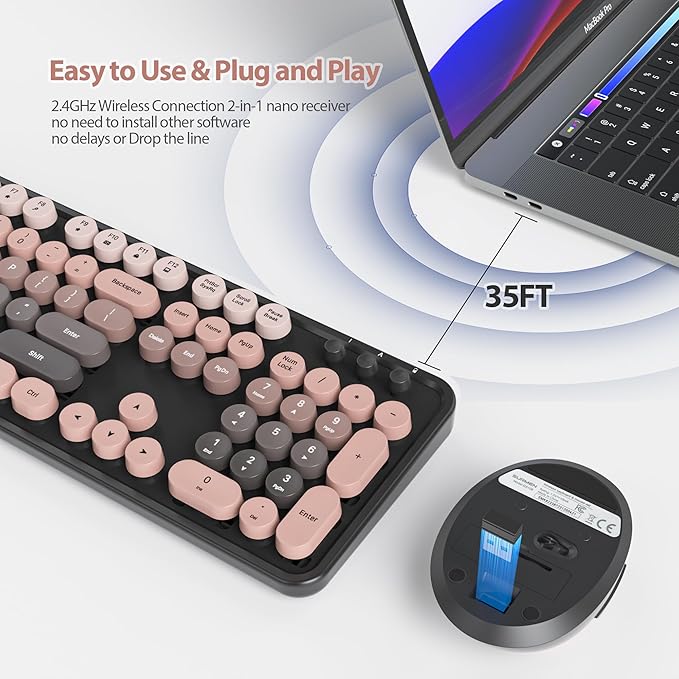 Colorful Pink Keyboard and Mouse Combo Wireless, 2.4G Full Size 104-Key Retro Typewriter Keyboards Round Keys for Students Teenagers Home Office PC Laptop(Heimei)