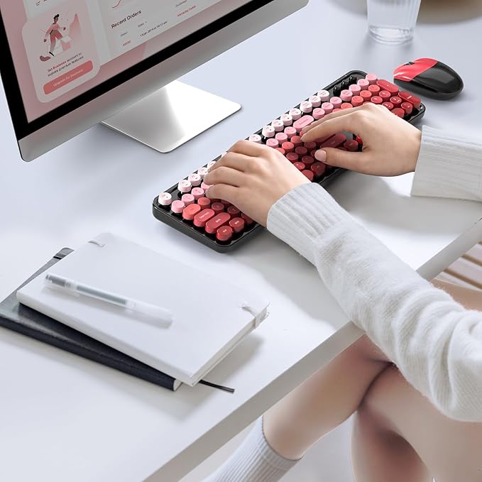 Wireless Keyboard and Mouse Combo, MOWUX Full Size Typewriter Retro Round Computer Keyboard, Cute Optical Mouse Wireless, Plug and Play, for Laptop, PC, Computer- Black Red Gradient