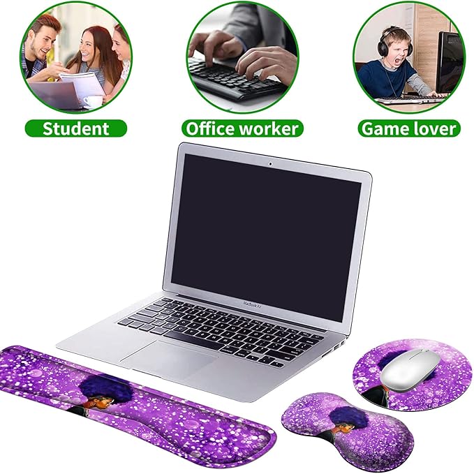Ergonomic Keyboard Wrist Rests Gel Memory Foam Mouse Pad with Round Mousepad + Coasters, Wrist Support Set with Non Slip Base for Gaming Office Laptop Easy Typing & Pain Relief, Purple African Girl