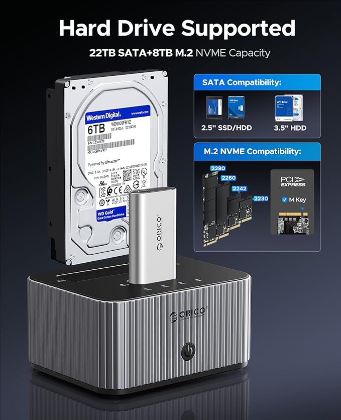 ORICO Hard Drive Docking Station 10Gbps for NVMe SSD & SATA 3.5 HDD with Bidirectional Cloning Type-C Hybrid Docking Station with Independent Aluminum Heat Sink