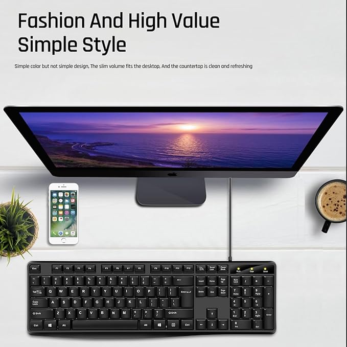 Wired Computer Keyboard, Plug Play USB, Large Number Pad, LED Indicators，Ergonomic, Foldable Stands,Anti-Wear Letters Full Size Keyboard,for Windows Mac PC Laptop-Black