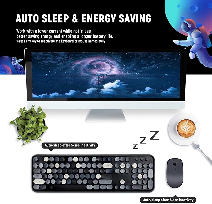 Wireless Keyboard and Mouse Combo, Retro Typewriter Style Bubble Keyboard with Round Keycaps, 2.4GHz Full Size Mixed Color Aesthetic Keyboards and 3 DPI Mouse Set for PC Laptop Desktop - Black Grey