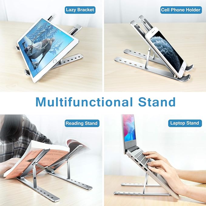 T Legend Aluminum Laptop Stand for Desk, Arae Adjustable Ergonomic Portable Holder, Foldable Computer Stand 6 Angles Anti-Slip Laptop Riser Compatible with 9-15.6 inch Laptops (Aluminum Silver)