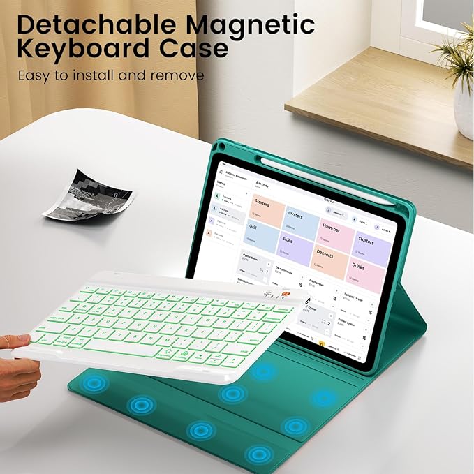 OYEEICE for iPad 11th (A16) &10th Generation Case with Keyboard - 7 Color Backlit Wireless Detachable Folio Keyboard Cover with Pencil Holder for iPad 11 inch A16 2025 10th Gen 10.9'' 2022 - Teal