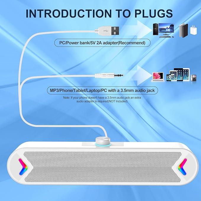 LENRUE Computer Speakers,Wired USB-Powered Sound-bar with 10W Stereo Sound for PC Desktop,Plug-n-Play (A39PRO /White)