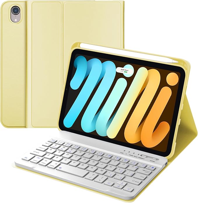 iPad mini 7th Gen 2024 (A17 Pro) & iPad mini 6 Keyboard Case 2021, Detachable Wireless Bluetooth Keyboard Slim Folio Smart Cover with Pencil Holder for iPad mini 7th/6th Gen 8.3 inch - Yellow