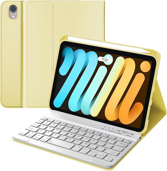 iPad mini 7th Gen 2024 (A17 Pro) & iPad mini 6 Keyboard Case 2021, Detachable Wireless Bluetooth Keyboard Slim Folio Smart Cover with Pencil Holder for iPad mini 7th/6th Gen 8.3 inch - Yellow