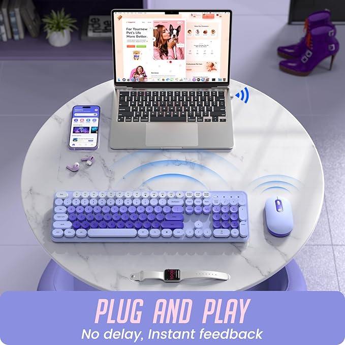 Wireless Keyboard and Mouse, Silent Keyboard Mouse Combo, Full-Sized Colorful Typewriter Keyboard with Round Keycaps, 2.4G Cute Mouse Compatible with PC/Laptop/Computer(Purple)