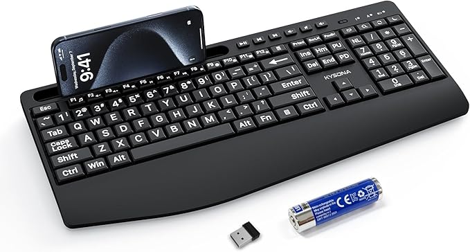 KYSONA Large Print Wireless Keyboard, Full Size Cordless Computer Keyboard with Phone Holder, Palm Rest, Ergonomic Tilt Angle, 2.4G Plug-and-Play, Compatible with Tablet/Windows/Laptop/PC, Black