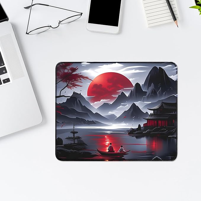 Small Gaming Mouse Pad, Anime Black Mousepad with Stitched Edges, Expanded Cool Desk Mat, Japanese Red Moon Keyboard Mat Suitable for Home Office,10.2 X 8.3 Inch