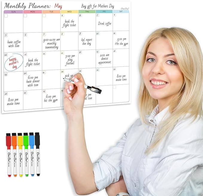 Non-Magnetic Dry Erase Calendar for Fridge - Reusable Monthly Calendar Sticks to Most Smooth Surfaces - 6 Dry Erase Markers Included - Shipped Flat