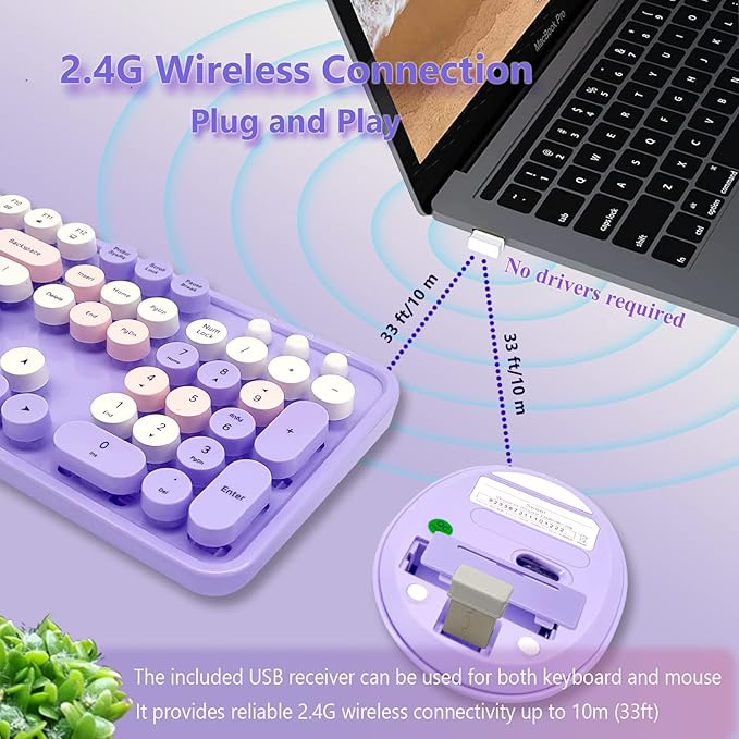 Wireless Keyboard and Mouse Combo, Ergonomic Cute Retro Typewriter Full Size Colorful USB Cordless Keyboard Mouse Set for Gaming and Office (Purple)