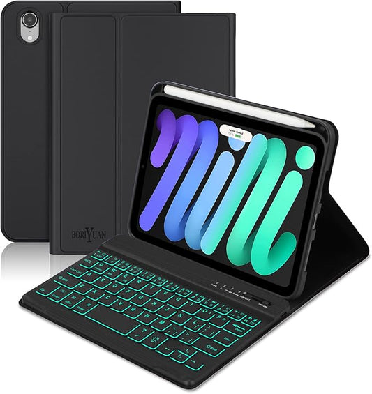 BORIYUAN iPad mini 7th Gen 2024 (A17 Pro) & iPad mini 6 Keyboard Case 2021, Detachable Wireless Keyboard, 7 Color Backlit, Slim Folio Cover with Pencil Holder for iPad mini 7th/6th Gen 8.3 inch Black
