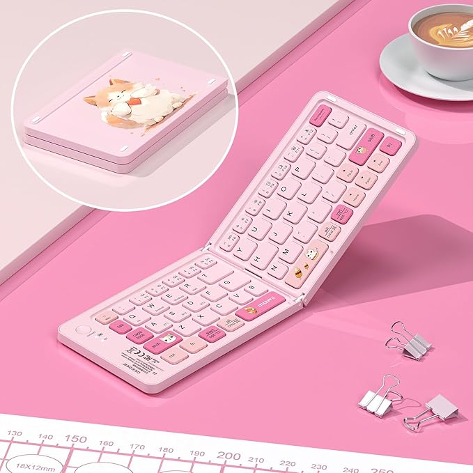 Pink Foldable Mini Bluetooth Keyboard, Portable Compact Wireless Rechargeable Keyboard with 67 Slim Quiet Keys, Cute Pocket-Sized Travel Keyboard for iPad iPhone Android Tablet Mac Windows-Cat Theme