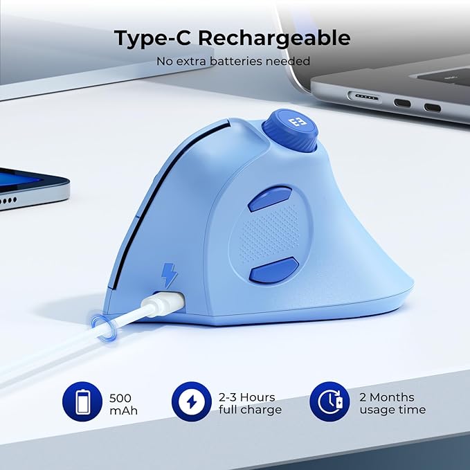 seenda Ergonomic Mouse Wireless, MOU-302 Bluetooth Vertical Mouse Rechargeable, Optical Mice with 1000/1600/2400 DPI, Volume Knob, 3 Multi-Device Connectivity for Computer/PC/Laptop/Mac, Blue