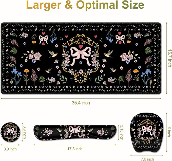 Mouse Pad with Wrist Support 4 in1 Set, XXL Big Game Mousepad + Keyboard Wrist Rest + Mouse Wrist Rest Pad +Coaster Gaming Mat for Home Office Work Computer Laptop I Vintage Floral Romantic Bow