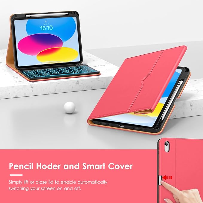 VIKESI Keyboard Case for iPad (A16,2025) 11th Generation/iPad 10th Generation Case (10.9" 2022), Premium Leather Smart Cover, Built-in Breathing Light, Function Row, Card Slots - Watermelon red