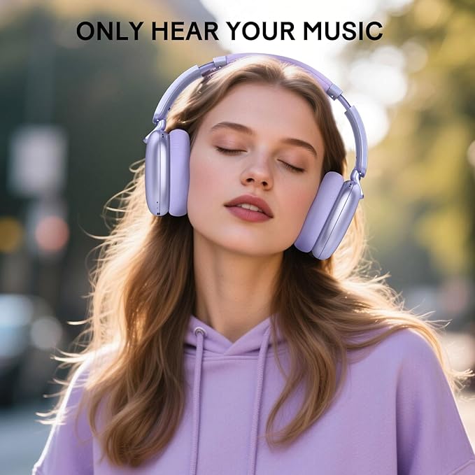 RORSOU C6 Active Noise Cancelling Headphones, Wireless Over Ear Bluetooth Headphones, 60H Playtime, Lightweight Folding Deep Bass Comfort Fit Ear Cups Headset with Mic for iPad/Travel/PC/Home Purple