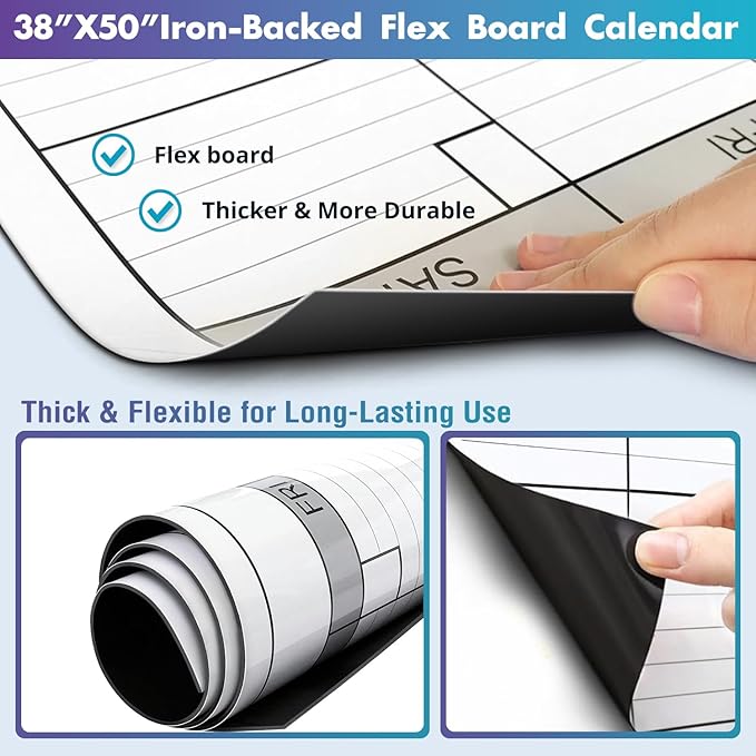 Magnetic-Receptive Dry Erase Monthly Extra Large White Board Calendar for Wall 38x50, Big Whiteboard Calendar with Iron Sheet Backing-Works with Magnetic Markers Eraser, Giant Blank Poster with Square