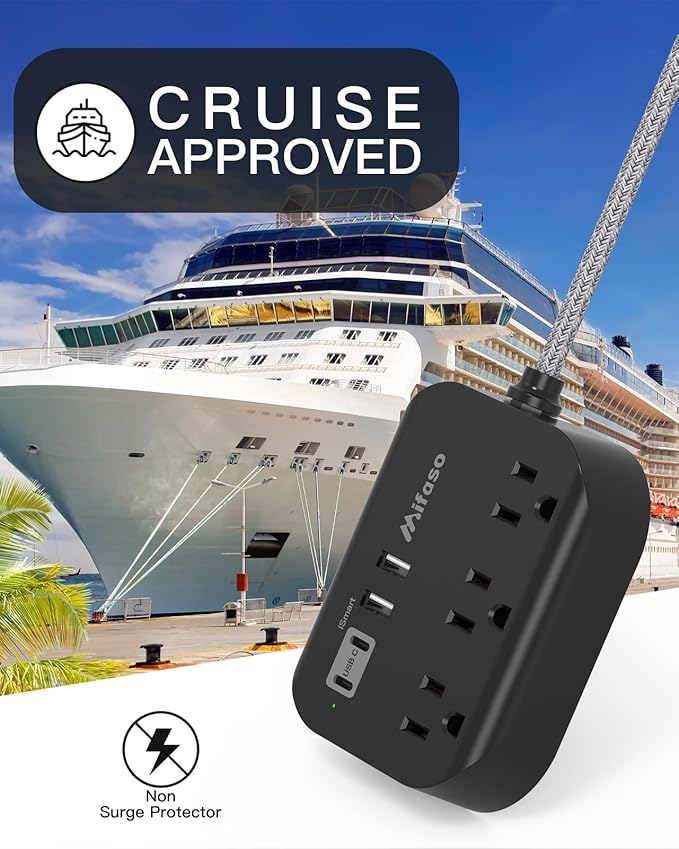 Travel Essentials - 1Ft Power Strip with USB, Compact Flat Plug Extension Cord with 3 Outlets 4 USB Ports, Non Surge Cruise Must Haves, Cruise Ship Essentials, Dorm Room, Apartment Essentials