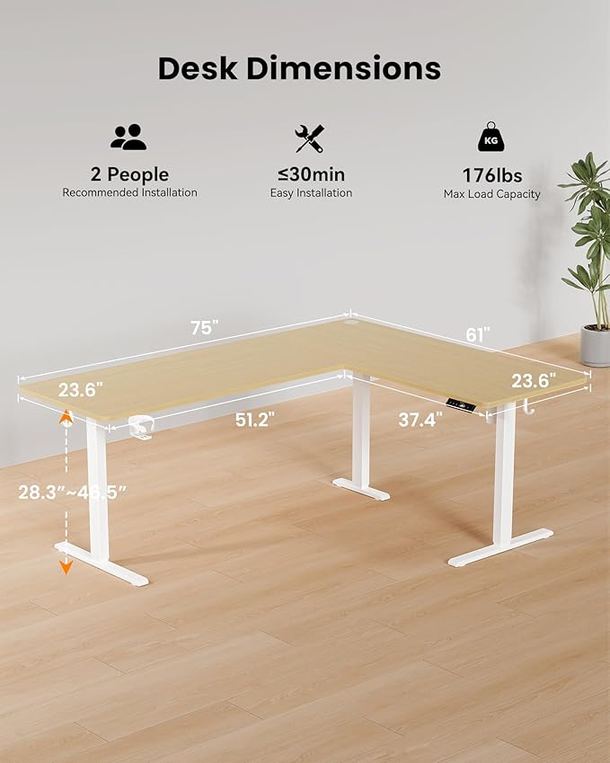 75X61 Inches Reversible L Shaped Standing Desk Height Adjustable, Electric Corner Computer Desk with Cup Holder, Sit Stand up Home Office Desk, Ergonomic Gaming Desk, Oak