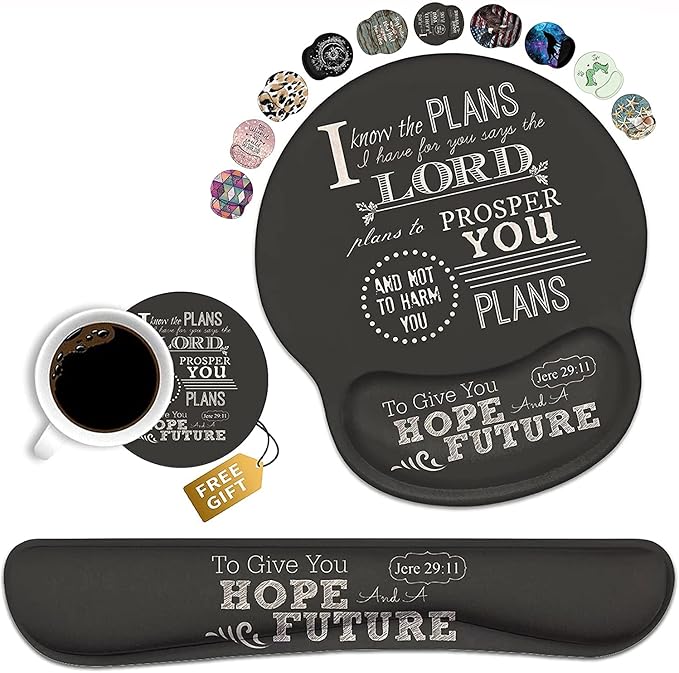 Keyboard Wrist Rest and Mouse Pad Wrist Support Set with Coasters, Non-Slip PU Base, Easy Typing and Relieve Wrist Pain, Perfect for Home Office Working Studying, Quotes Bible Verse Jeremiah 29:11