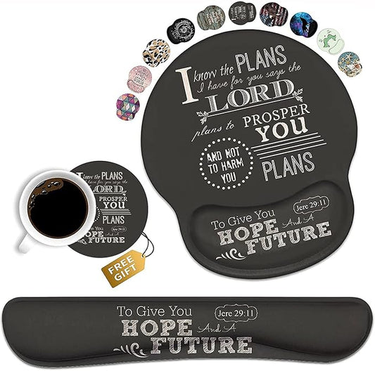 Keyboard Wrist Rest and Mouse Pad Wrist Support Set with Coasters, Non-Slip PU Base, Easy Typing and Relieve Wrist Pain, Perfect for Home Office Working Studying, Quotes Bible Verse Jeremiah 29:11