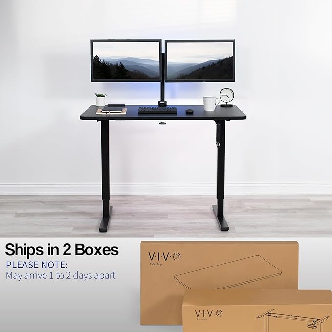 VIVO Manual Height Adjustable 48 x 30 inch Stand Up Desk, Black Solid One-Piece Table Top, Black Frame, Standing Workstation with Foldable Handle, DESK-KIT-MB5B