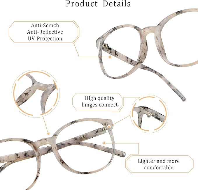 LifeArt Round Blue Light Blocking Glasses, Computer Glasses, Gaming Glasses, TV Glasses for Women Men (Marble, 4.75 Magnification)