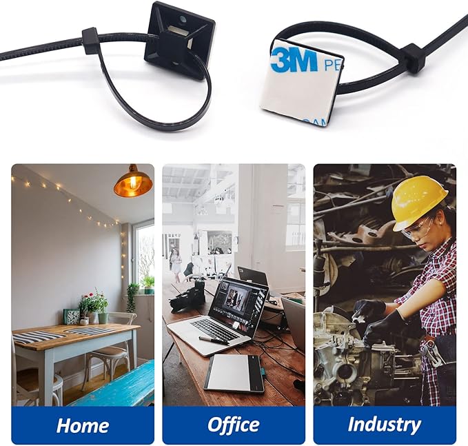 Strong Back-Glue Self Adhesive Cable Zip Tie Mounts Kit - 50 Set Cable Management Clips with 6" Zip Ties, Wire Holders - Outdoor Sticky Wire Organizer Clips-Black (50 Set, Black)