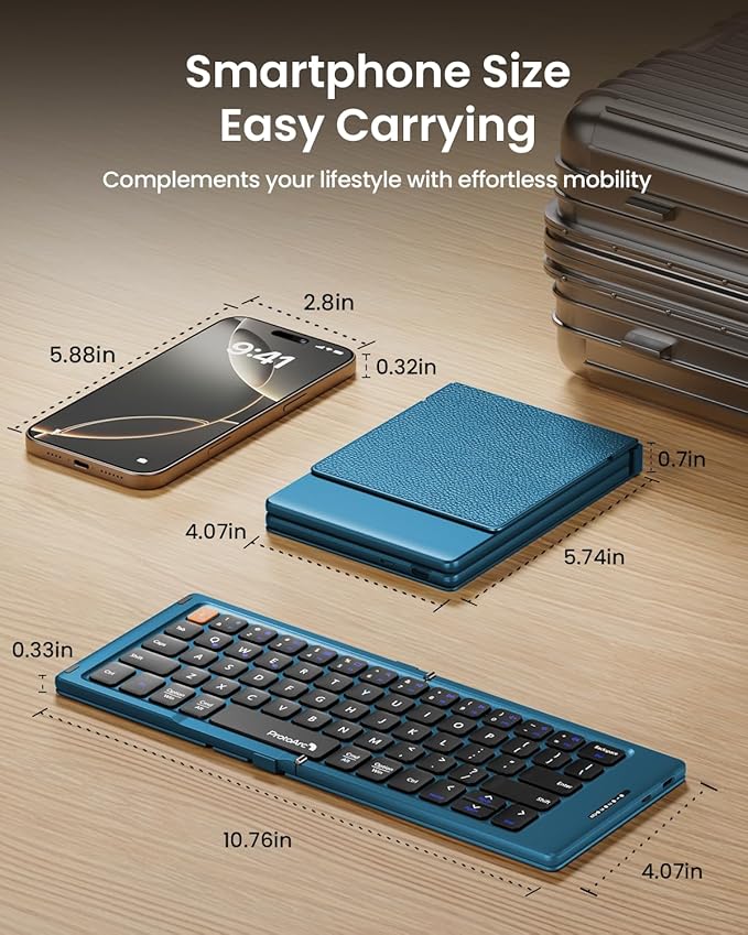 ProtoArc Foldable Compact Keyboard, XK04 Portable Bluetooth Keyboard with PU Leather Cover, Pocket-Sized Wireless Travel Keyboards for iPad, iPhone, Smartphone, Tablet and Laptop - Blue