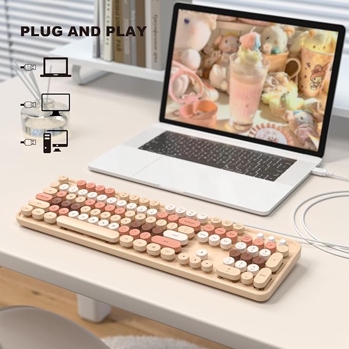 MOFII Wired Keyboard - Full Size USB Plug & Play, Colorful Retro Round Typewriter Keyboard with Foldable Stands for Windows PC Laptop (Milk Tea Colorful)