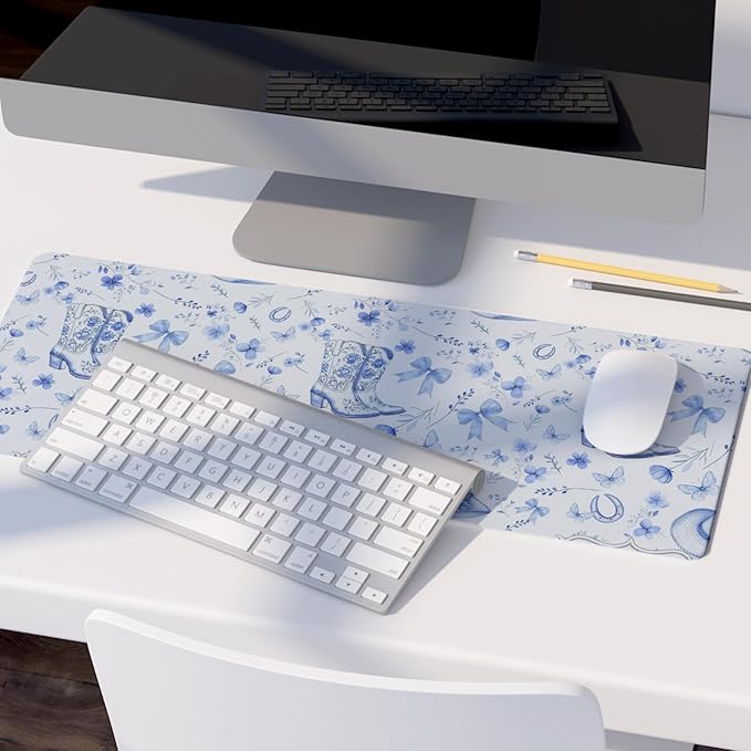 Light Blue Western Desk Mat,Cowgirl Mouse Pad,Blue And White Floral Large Mouse Pad,Western Desk Accessories for Dorm Office Decor, 31.5x11.8 Inch