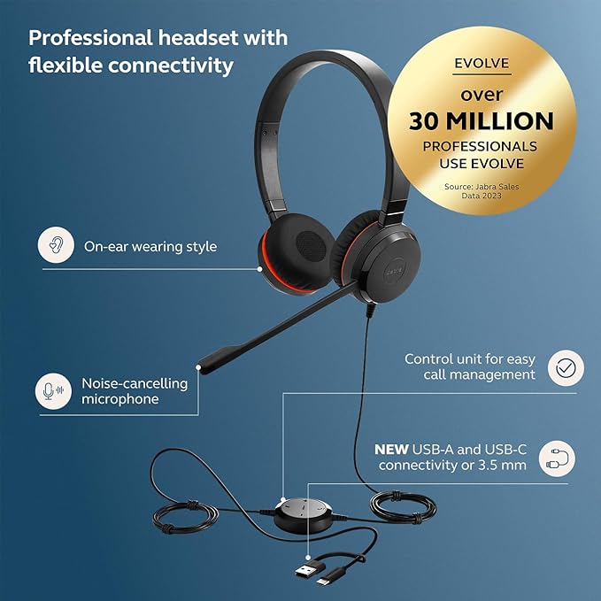 Jabra Evolve 30 II (2025 Edition) Wired Dual-Ear Headset with Mic for Work - 3.5mm Jack or USB-A/USB-C Connectivity, with Noise-Cancelling Microphone, Microsoft Teams Certified, Call Control – Black